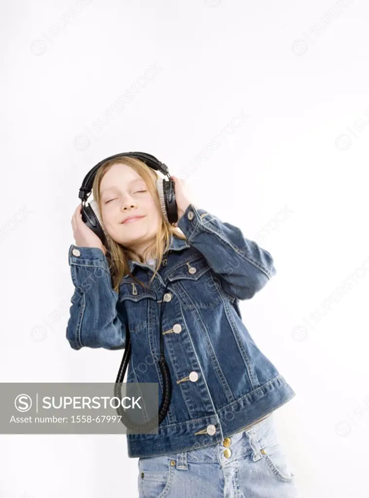 Girls, smiles, eyes closed,  Headphones, Halbporträt,  Series, teenagers, teenagers, blond, long-haired, 10-12 years, jeans jacket, Jeansoutfit, music...
