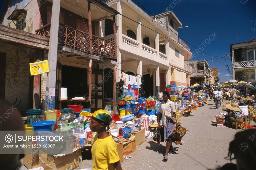 Haiti, Jacmel, Ortsmitte, street market,  Caribbean, Latin America, market, street, people, natives, shops, economy, deals, dealers, hawkers, sale, sh...