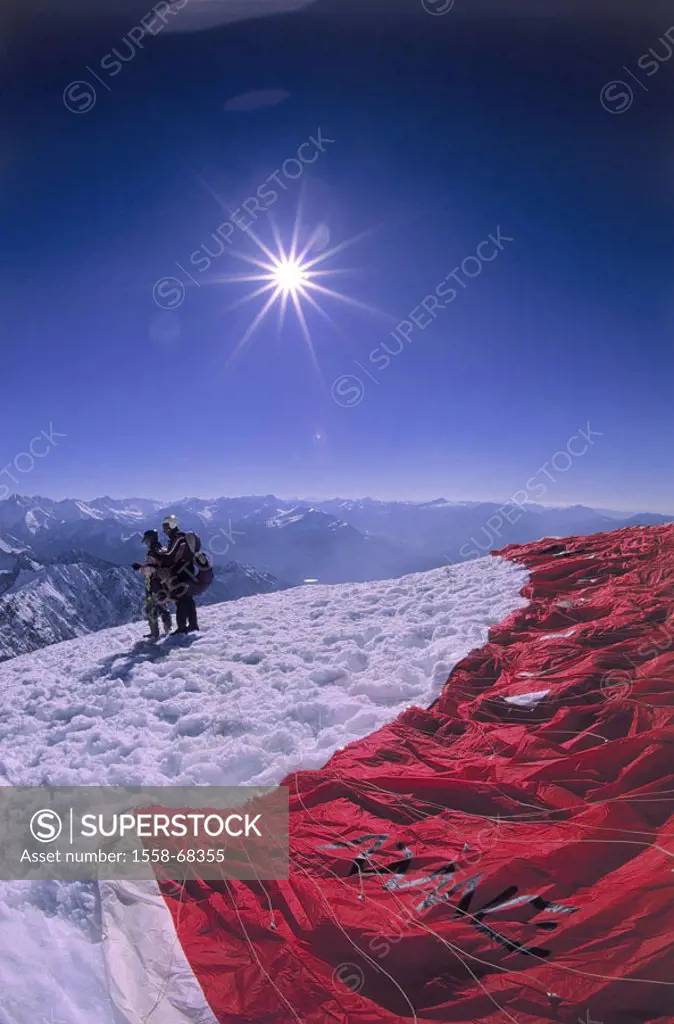 Germany, Bavaria, Oberstdorf, Fog horn, Gleitschirm, tandem jump, Start preparation, back light, Allgaeu, OberAllgaeu, Alps, summits, 2224 m, mountain...