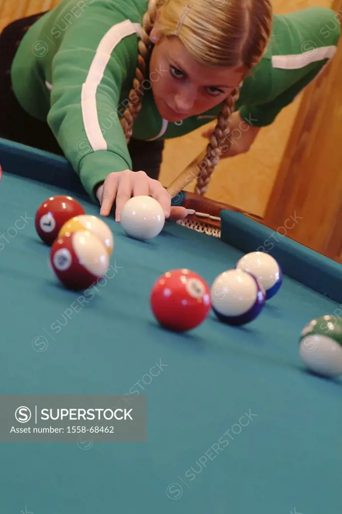Billiard table, woman, young, Queue, ball,  bumps  Billiard, game, billiard balls, balls, skill, skill, strategy, hobby, leisure time, sport, sport, c...
