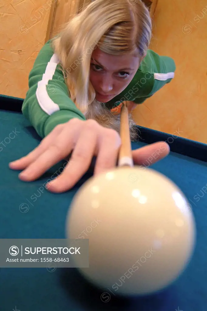 Billiard table, woman, young, Queue, ball,  bumps, fuzziness  Billiard, game, billiard ball, ball, skill, white skill, strategy hobby leisure time spo...