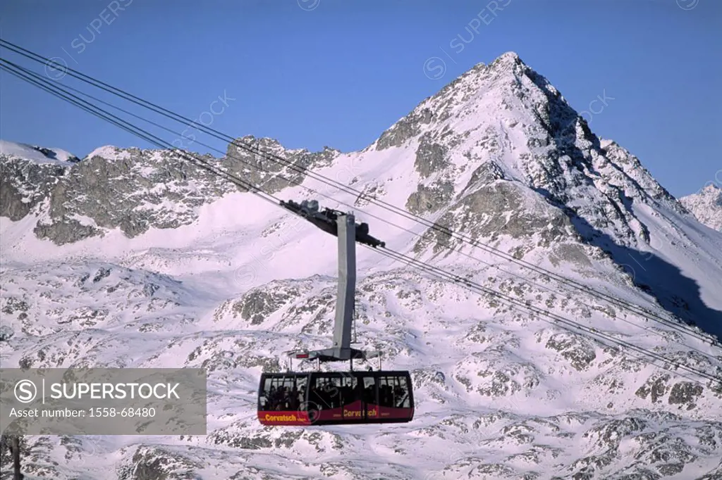 Switzerland, Engadiner Alps, Surlej, Mountain track, gondola,  Piz Corvatsch 3451 m, Berninagruppe, cable railway, mountains, mountains, mountain trac...