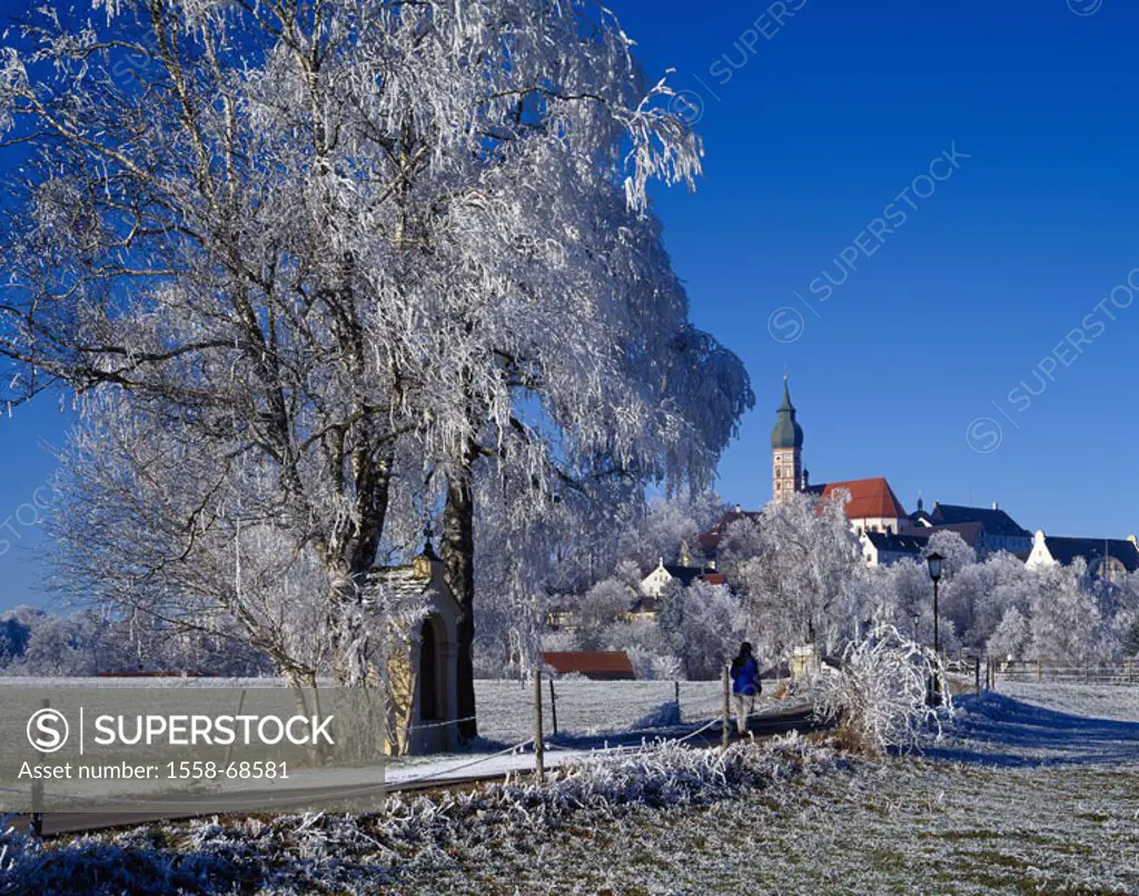 Germany, Bavaria, Andechs, cloister,  Crossroads, chapel, trees, hoarfrost,  Europe, Southern Germany, Upper Bavaria, place of pilgrimage, place, chur...