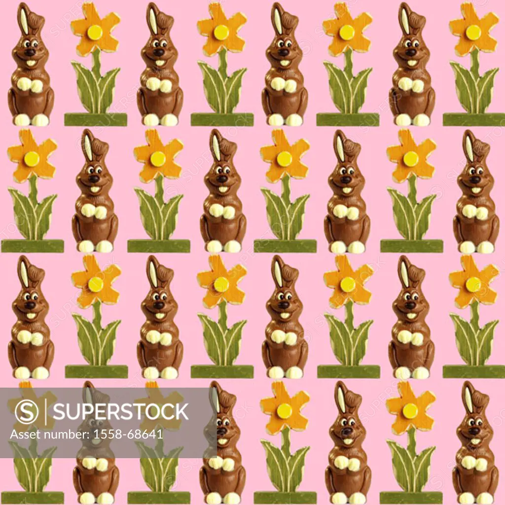 Quietly life, Easter, Easter bunnies, flowers,  Matrix order  Chocolate hares, Easter flowers, postcard motive, rows, many, immediately, identically, ...