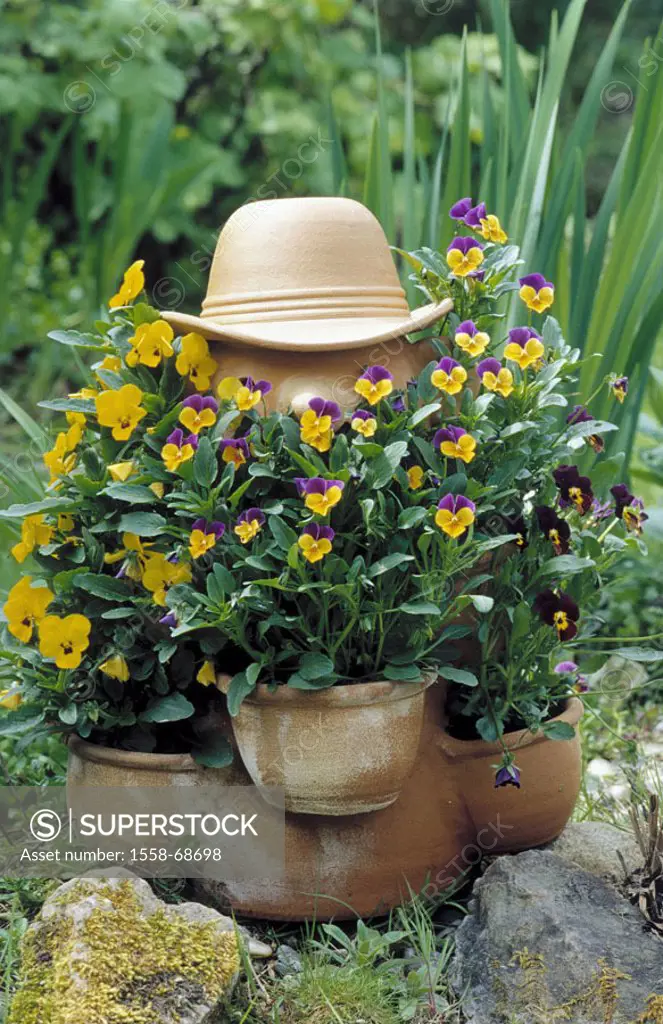 Garden, flowerpot, pansy,  Viol tricolor, blooms  Pflanztopf, Tontopf, figure, Tonfigur, flowers, prime, nature, ornament, decoration, garden decorati...