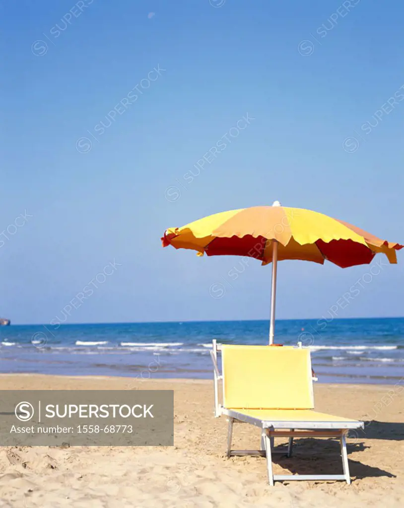 Sea, beach, deck chair, parasol,  Quietly life, vacation  Italy, Apulien, Gargano, Peschici, Mediterranean, Adriatic, trip, vacation, relaxation, recu...