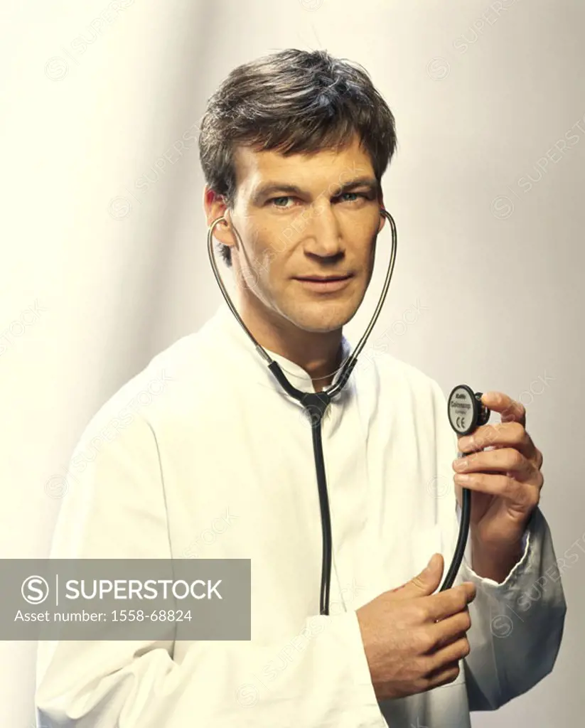 Doctor, stethoscope, Halpporträt, hearing   Man, 30-40 years, hands, holding, occupation, doctors, doctor, treatment, therapy, trust, technical knowle...
