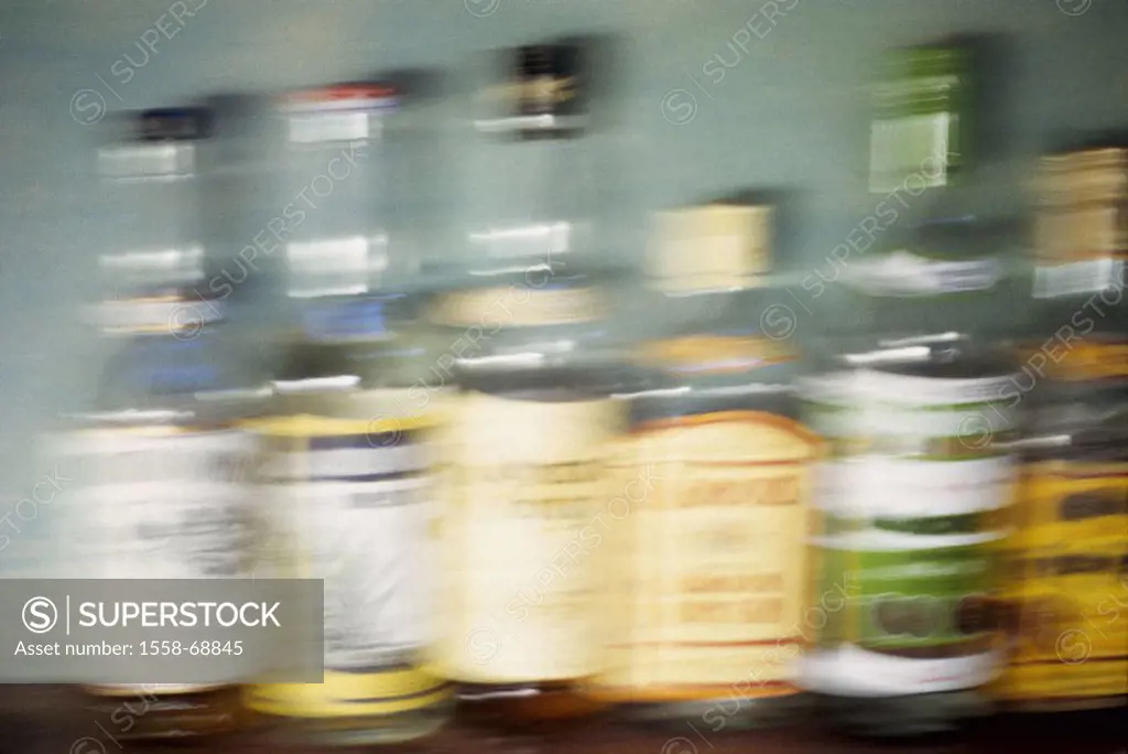 Alcohol bottles, detail, unclearly   Schnapps bottles, schnapps, bottles, alcohol, liquors, party, celebrates, gets drunk, mood, sees´ ´doubly, become...