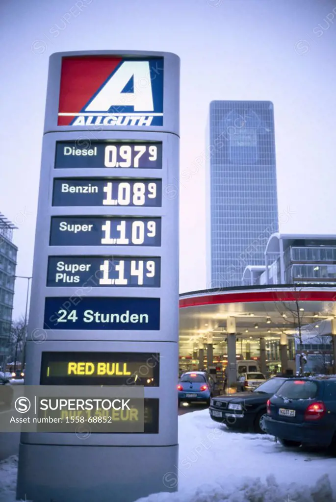 Gas station, Uptowntower, ad   Munich, high-rise, city, office buildings, work, economy, cars, rush, gas prices, fills up on gas, prices taxes snow wi...