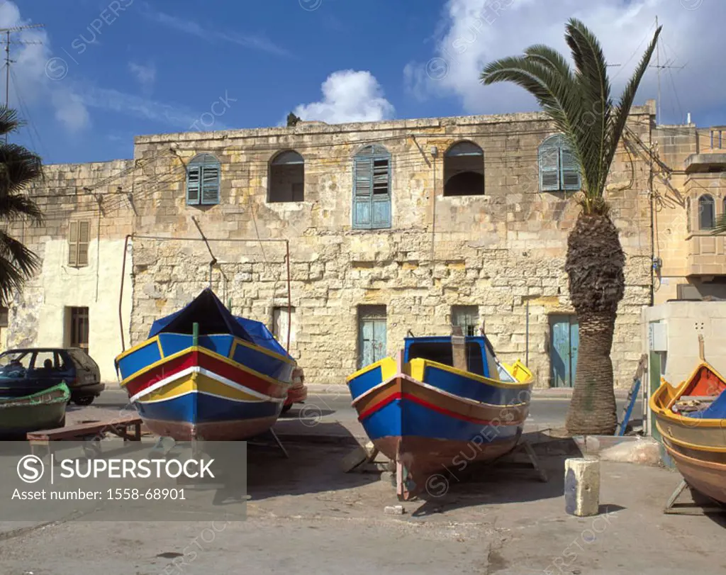 Malta, Marsaxlokk, harbor, fisher boats,   Island state, island, Mediterranean island, buildings, house, palm, fish cutters, boats, colorfully, draine...