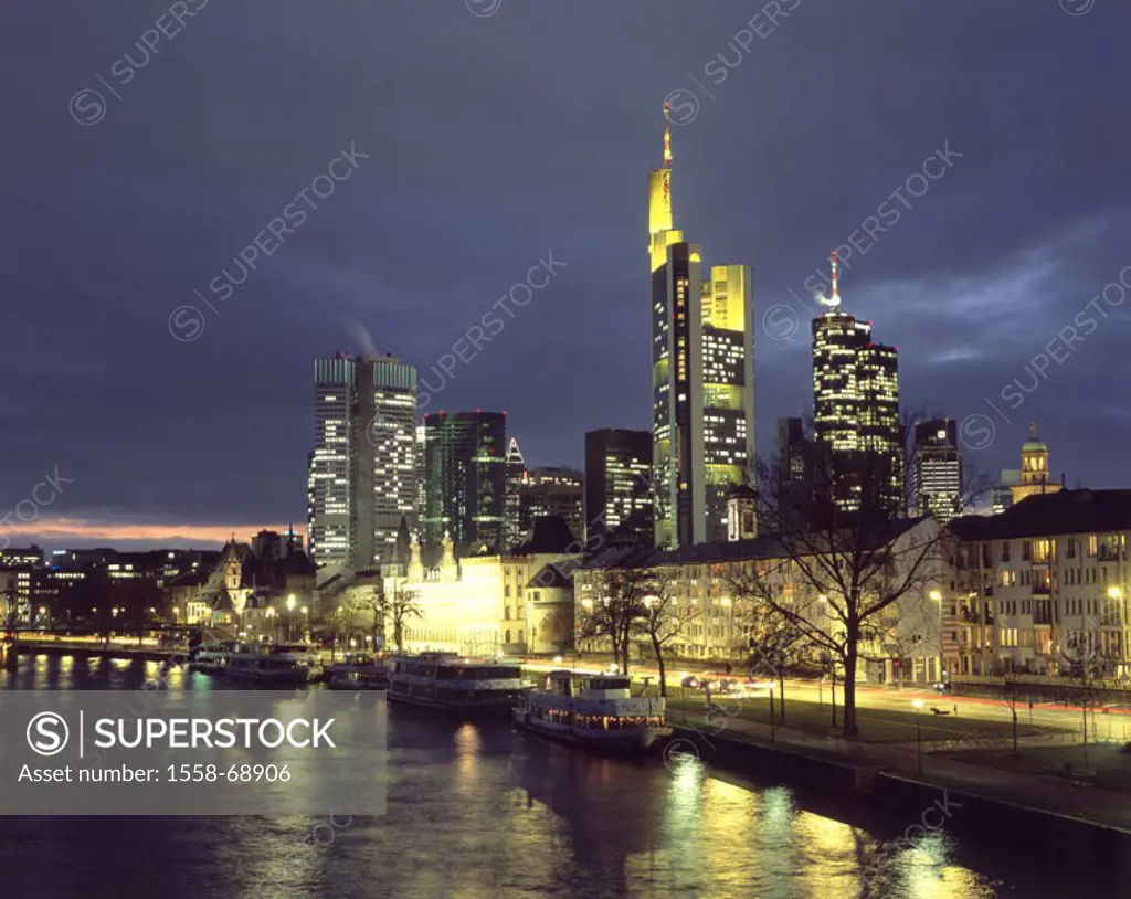 Germany, Hesse, Frankfurt on the Main,  view at the city, skyline, illumination,  River Main, evening, Europe, city, cityscape, skyscrapers, bank buil...
