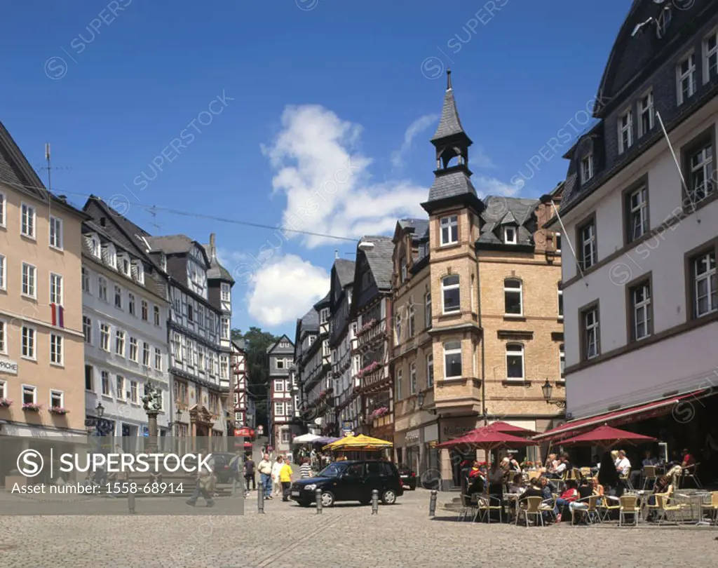 Germany, Hesse, Marburg, Market place, cafe,  Europe, city, old town, houses, timbering, timbered houses, timbering architecture, architecture, street...