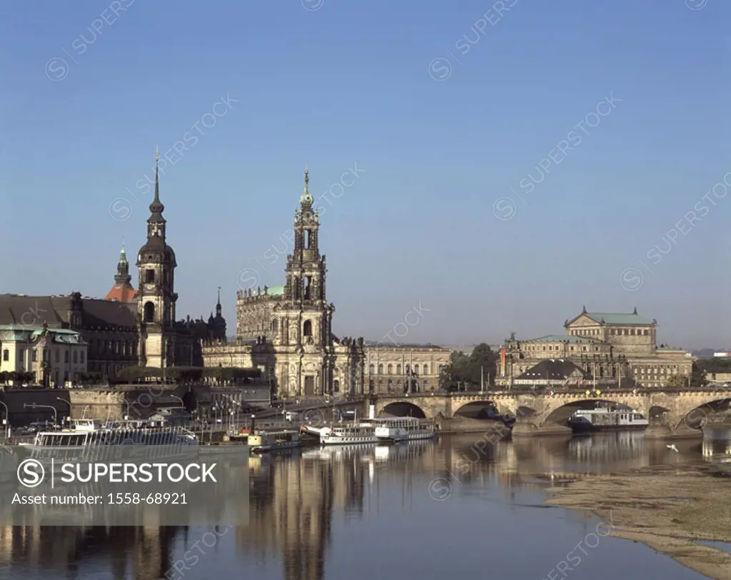 Germany, Saxony, Dresden,  Hofkirche, Semper opera, river Elbe,  pleasure boat Europe, city, view at the city, terrace shores, buildings, architecture...