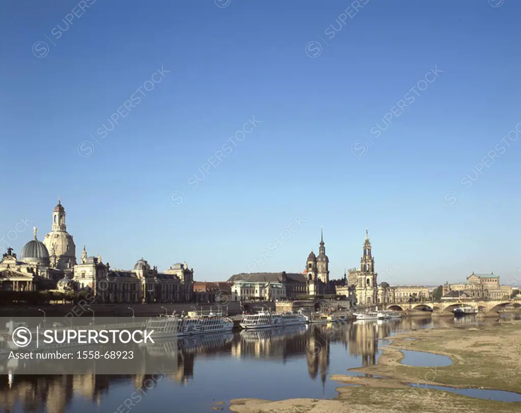Germany, Saxony, Dresden,  view at the city, river, Elbe,  pleasure boat Europe, city, buildings, architecture, constructions, churches, sights, trip ...