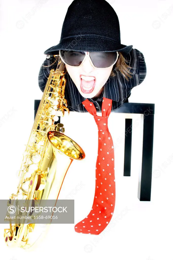 Woman, young, table, yells lie,  Saxophone  Series, 20-30 years, musician, brunette, scream, sings, sun glass, hat, headgear, necktie, clothing, cloth...