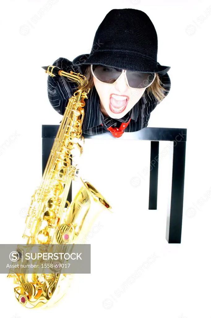 Woman, young, table, yells lie,  Saxophone  Series, 20-30 years, musician, brunette, scream, sings, sun glass, hat, headgear, necktie, clothing, cloth...