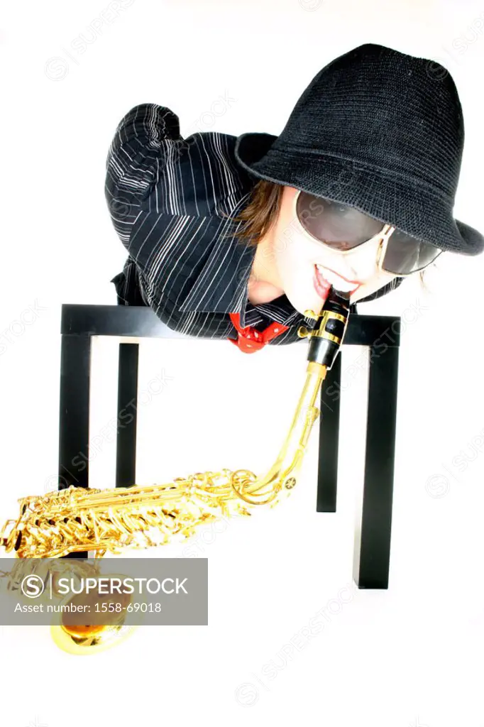 Woman, young, table, smiling lie,  Saxophone playing  Series, 20-30 years, musician, brunette, sun glass, hat, headgear, necktie, clothing, clothing s...