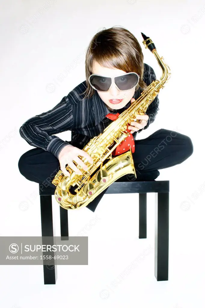 Woman, young, table, sitting, saxophone playing   Series, 20-30 years, musician, brunette, tailor seat, sun glass, necktie, clothing, clothing style, ...