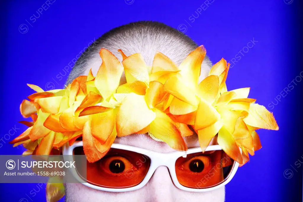 Man, young, sun glass, forehead,  Flower wreath, portrait, truncated  Men´s portrait, 20-30 years, gaze camera, startled, spectacle-glasses, orange, f...