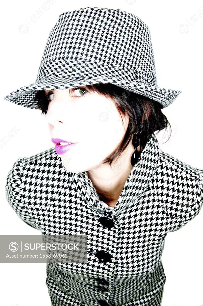 Woman, young, hat, coat, springhalt patterns,  Portrait  Series, women portrait, on the side, gaze camera, 20-30 years, brunette, made up, lips, pink,...