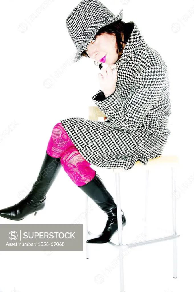 Woman, young, hat, coat, springhalt patterns,  Boots, stools, pose, on the side  Series, 20-30 years, brunette, made up, lips, pink, strikingly, tight...