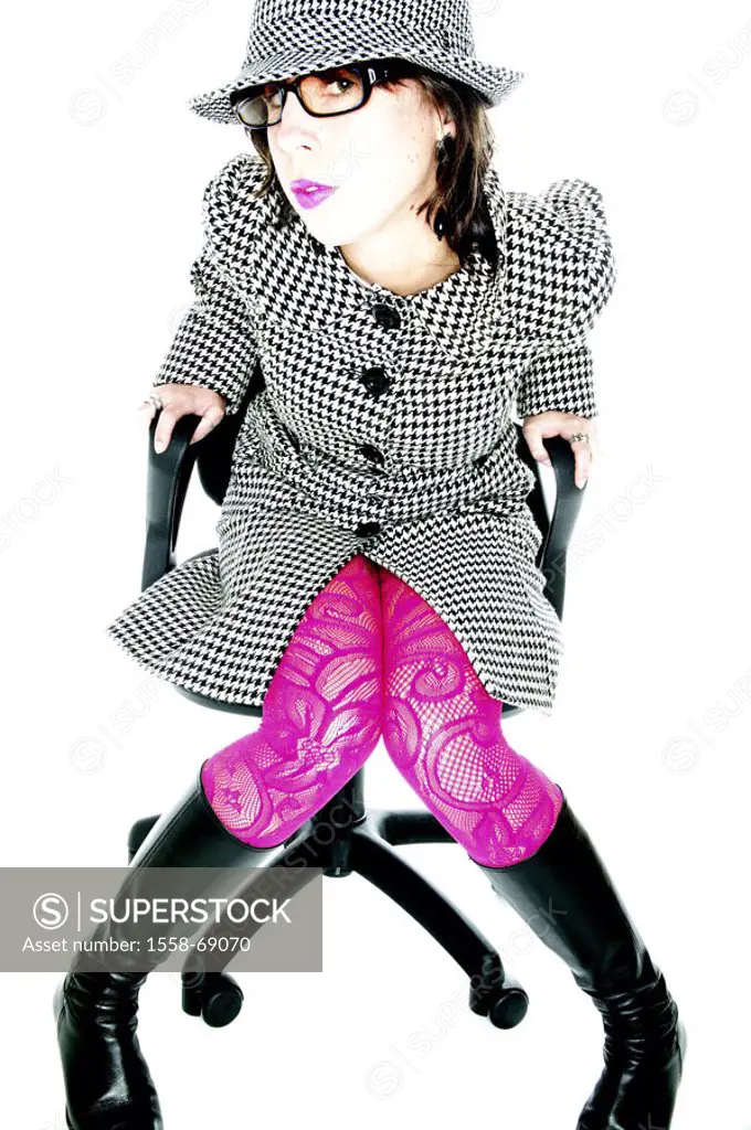 Woman, young, hat, coat, springhalt patterns,  Boots, pose, office chair, sitting  Series, 20-30 years, brunette, made up, lips, pink, strikingly, gla...