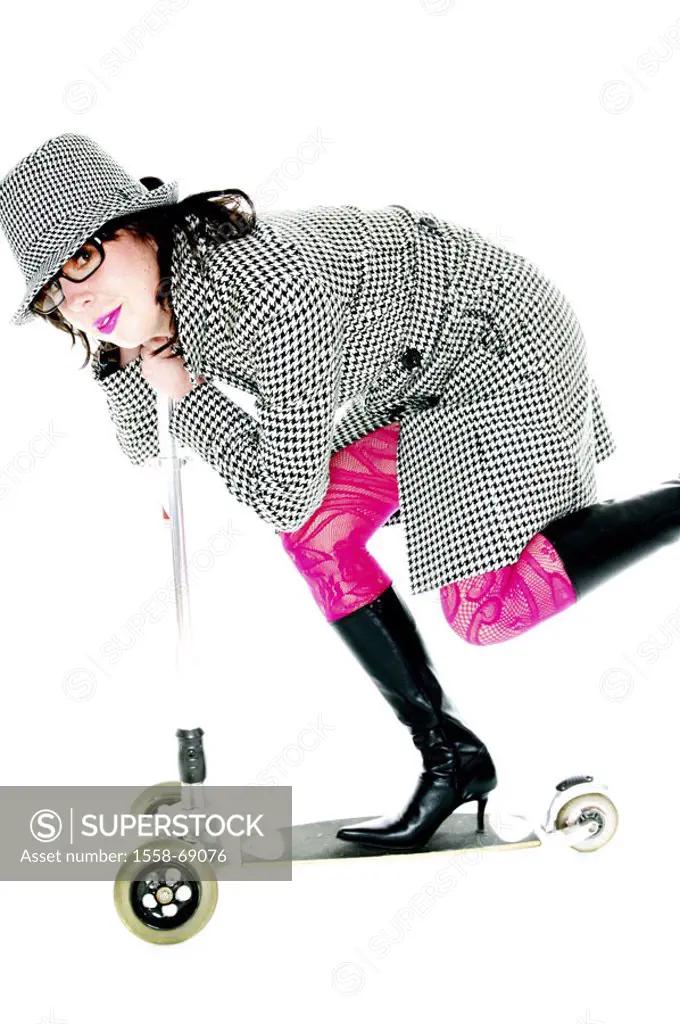 Woman, young, hat, coat, springhalt patterns,  Boots, scooters, drive, at the side  Series, 20-30 years, glasses, glasses bearer, brunette, made up, l...