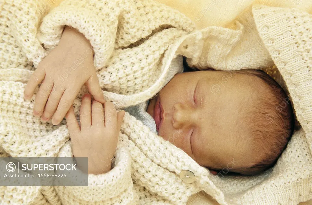 Wrapped up baby, cardigan, sleeping,  Portrait  Child, child portrait, infant, newborn, wearily, peacefully, eyes, small, closed minutely, packed, con...