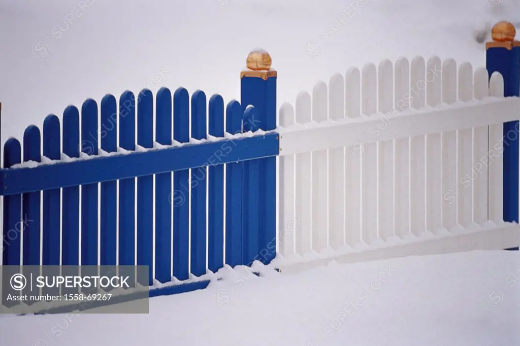 Fence, slats, blue-white,  Snow  Fence, property, private, private reason, restriction, wood fence, slat fence, pickets, blue, white, season, winters,...