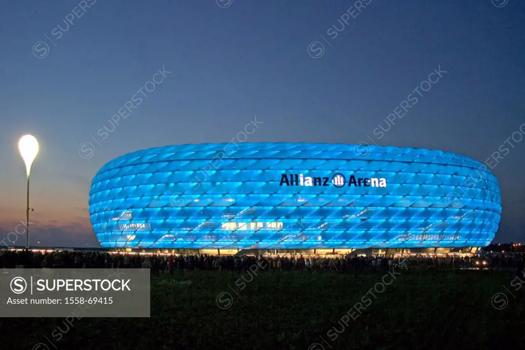 Germany, Upper Bavaria, Munich Fröttmaning, Fußballstadion, Alliance arena, illumination blue, no property release, Europe, Bavaria, stadium, sport st...