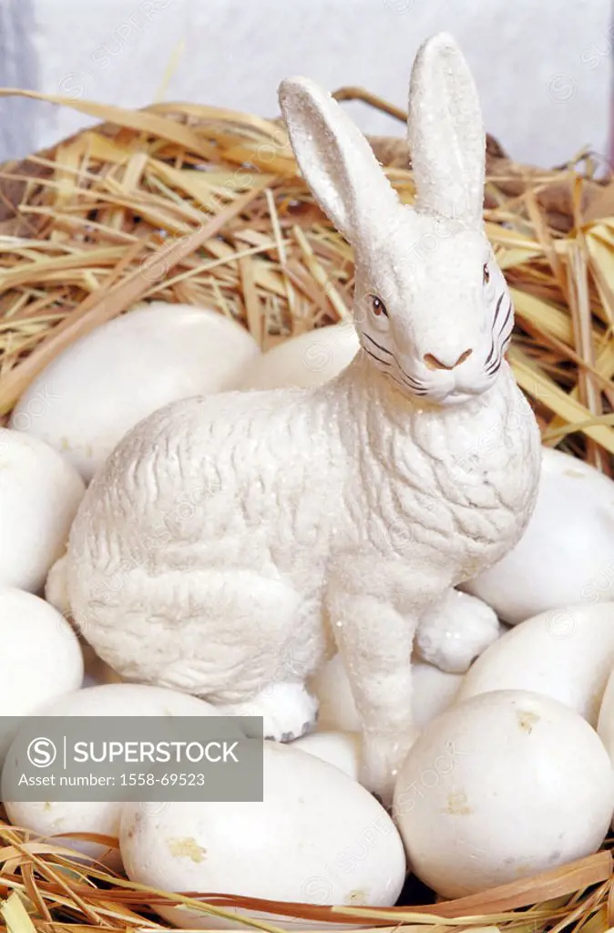 Easter, Easter nest, hen´s eggs, Plastic Easter bunny white  Easter, Eastertime, nest, straw, eggs, Easter eggs,  Hare, Easter bunny, Easter tradition...