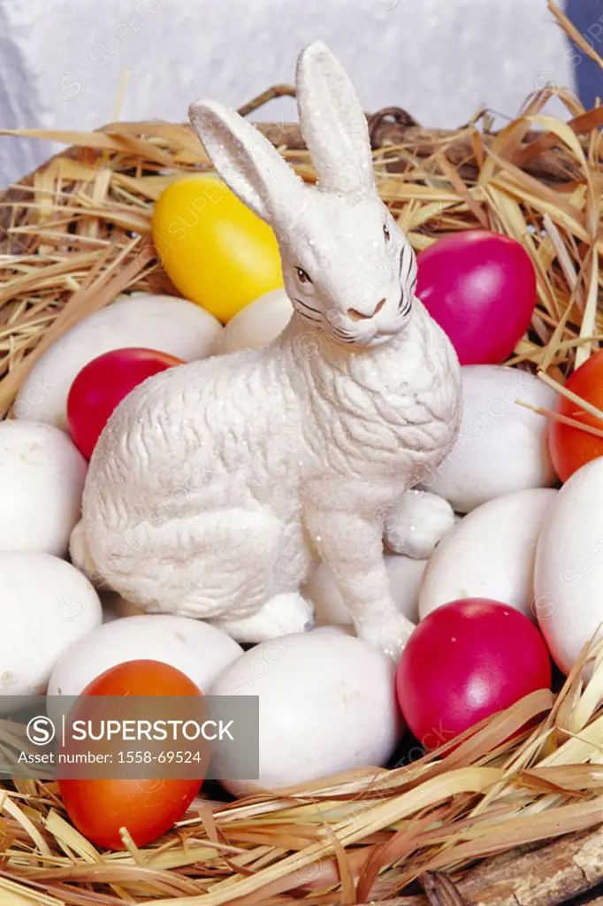 Easter, Easter nest, Easter eggs, colorfully, Plastic Easter bunny white  Easter, Eastertime, nest, straw, eggs, white, colored,  pussy, hare, Easter ...