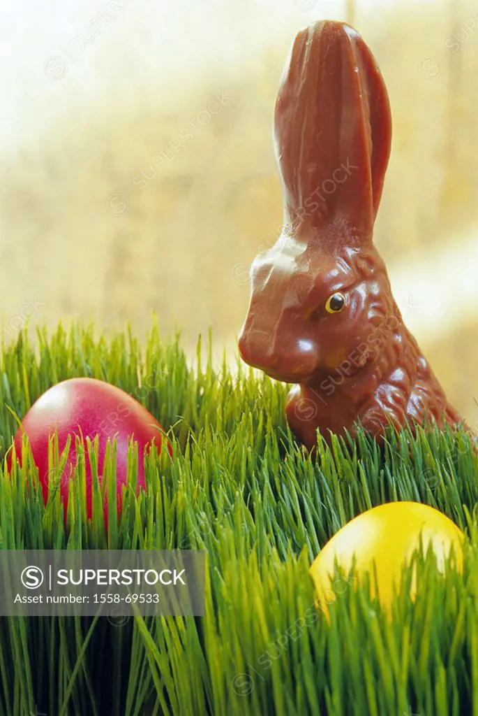 Easter, grass, Easter eggs,  Chocolate Easter bunny  Easter, Eastertime, candies, sweet, chocolate, Hare, eggs, colorful, red, yellow, colored traditi...