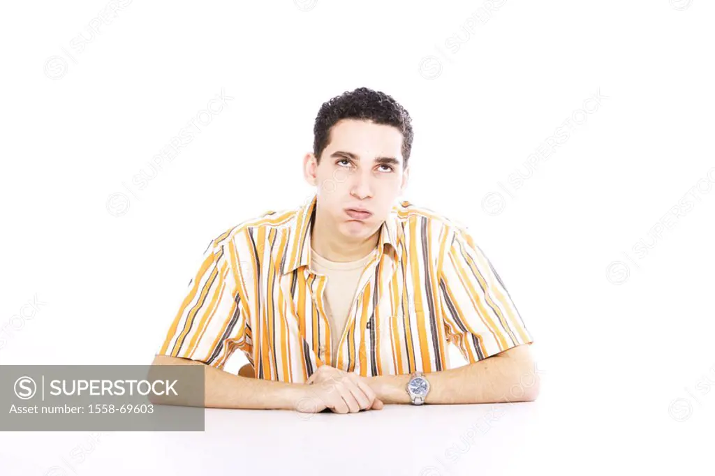 sitting man, young, resting,  been annoying, portrait  Series, 18-20 years, 20-30 years, teenager, dark-haired, shirt touched, gaze upwards, secluded,...