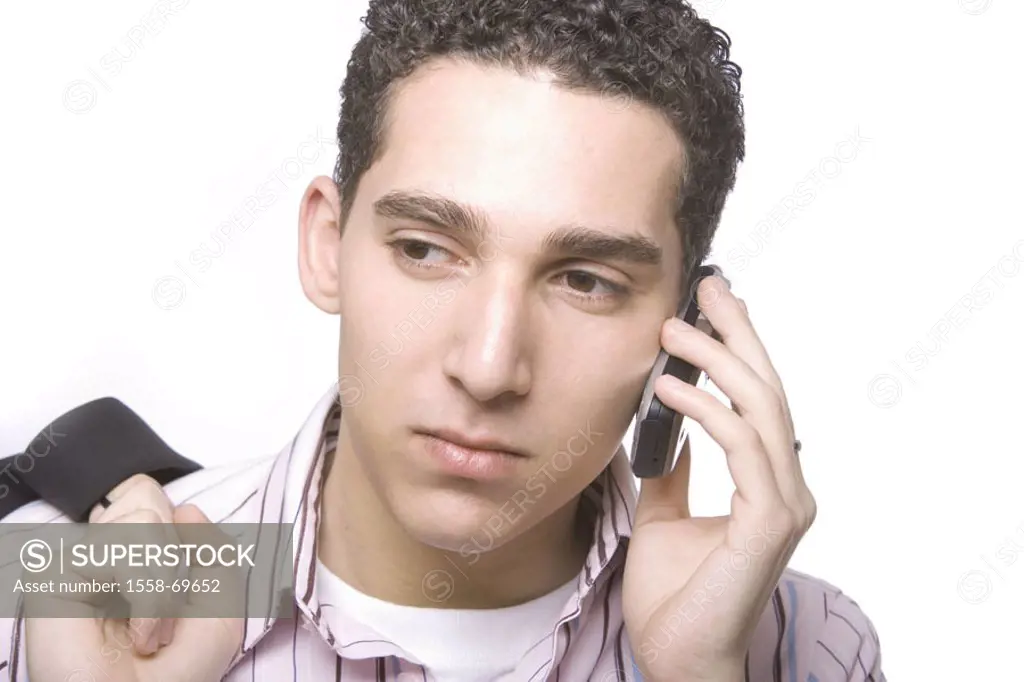 Man, young, jacket, carries Telephones shoulder, cell phone, serious,  Portrait, truncated Series, 18-20 years, 20-30 years, business, teenager,  Busi...