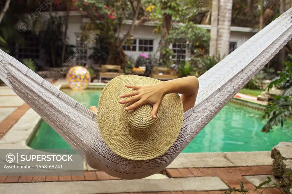 sitting garden, pool, woman, straw hat, Hammock, relaxation,  view from behind 20-30 years, 30-40 years, sunhat, headgear,  Leisure time, closing time...