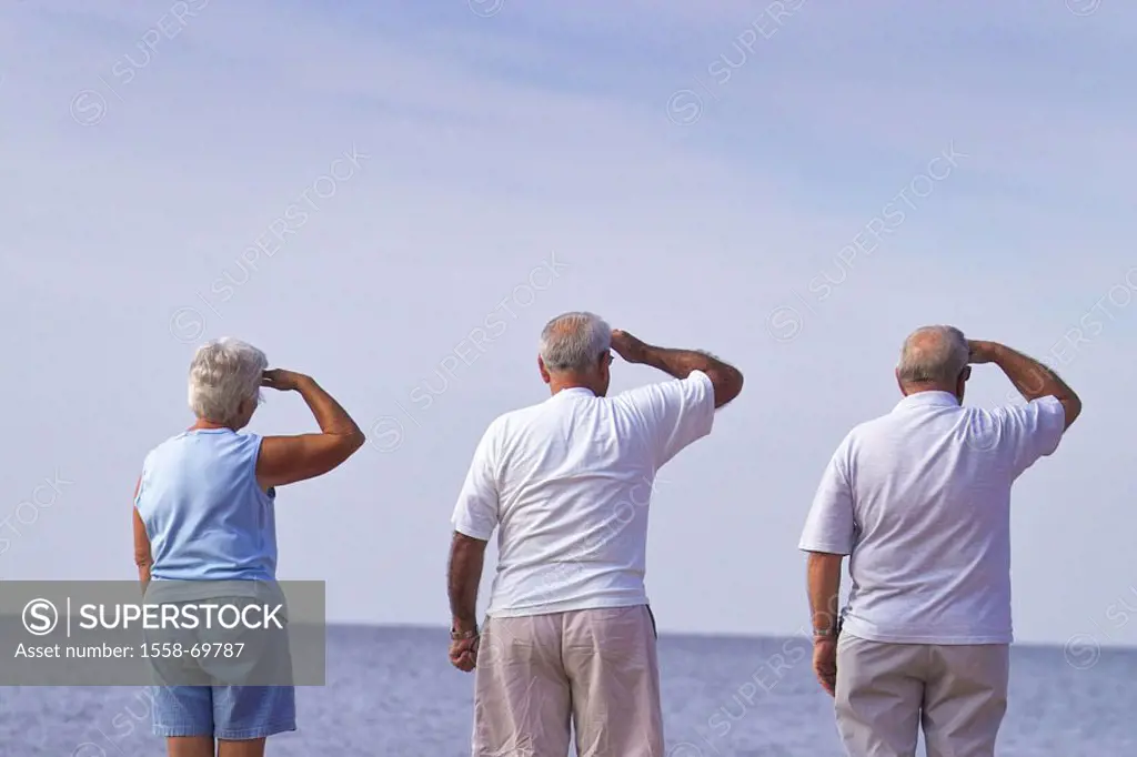 Seniors, gesture, sea gaze,  view from behind, detail,  50-60 years, pensioners, tourists, friends, men, woman, stand, side by side, view gaze distanc...