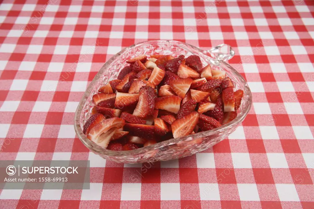 Table, tablecloth, glass tray, red-knows, Strawberries, bragged  Tablecloth, checkered, peel, dessert, dessert, strawberry peel, fruits, nutrition hea...