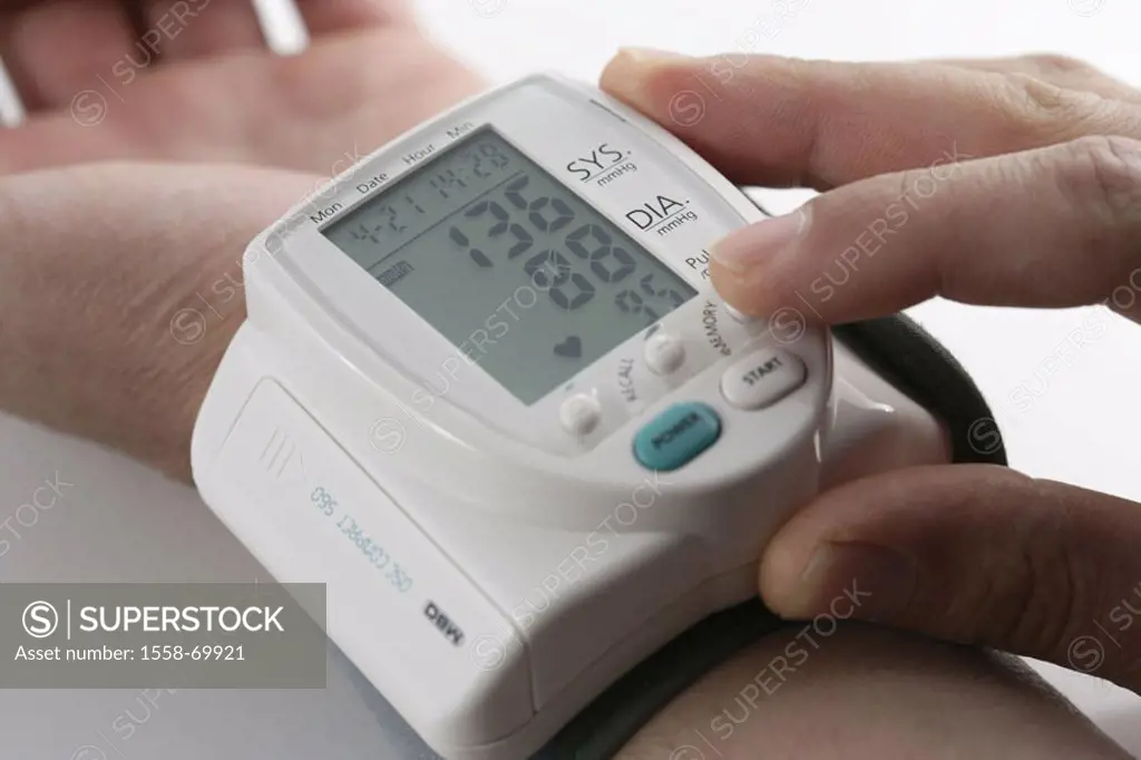 Men´s hands, wrist, Blood pressure measuring instrument digital  Man, hands, blood pressure measurement, blood pressure fairs,  Blood pressure, pulse,...