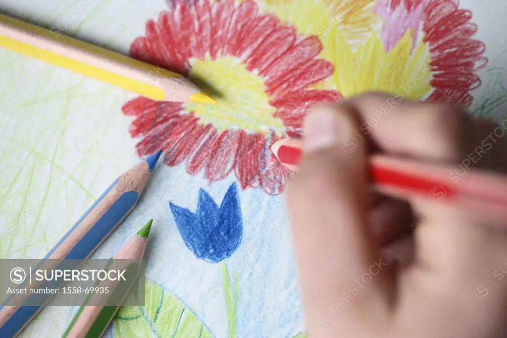 Child hand, picture, flowers, draws   Child, hand, crayons, crayons, child picture, flower picture, decorates, colors, colorfully, activity, leisure t...