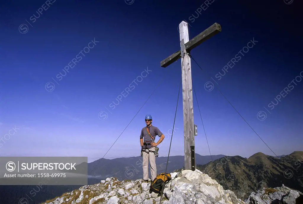 Germany, Bavaria, hostage stone, Summit cross, climbers,  Upper Bavaria, Ammergauer Alps, mountains, mountain, summits, 1884 m, man, bur out armament ...