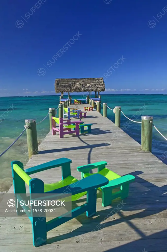 Bahamas, ocean, bridge, chairs, colorfully