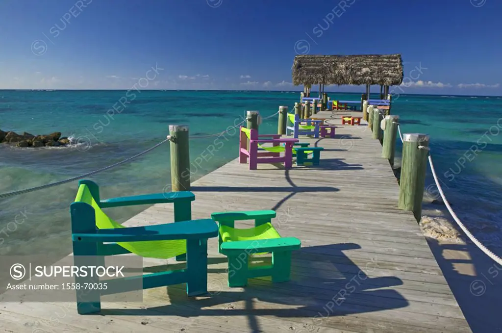 Bahamas, ocean, bridge, chairs, colorfully