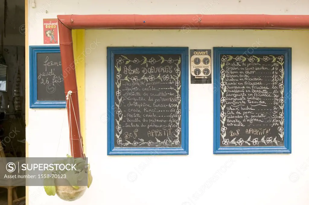 Guadeloupe, restaurant, menu blackboards, outside