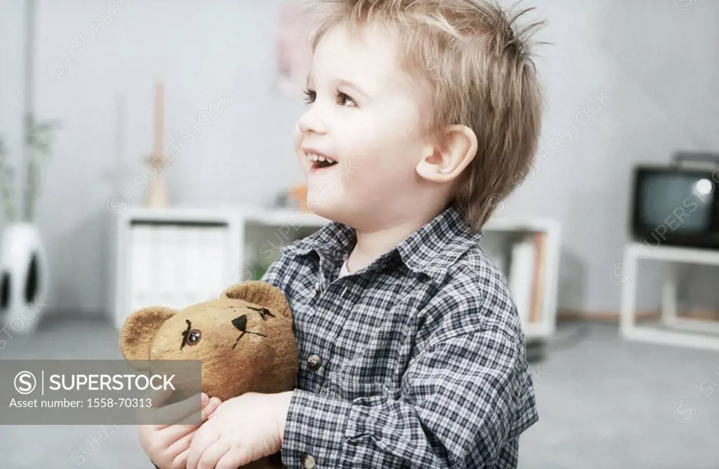 Living rooms, boy, teddy, holding,  laughing  Childhood, child, 3 years, joy, cheerfully, happily, freely, material animal, material bear, toy, carrie...