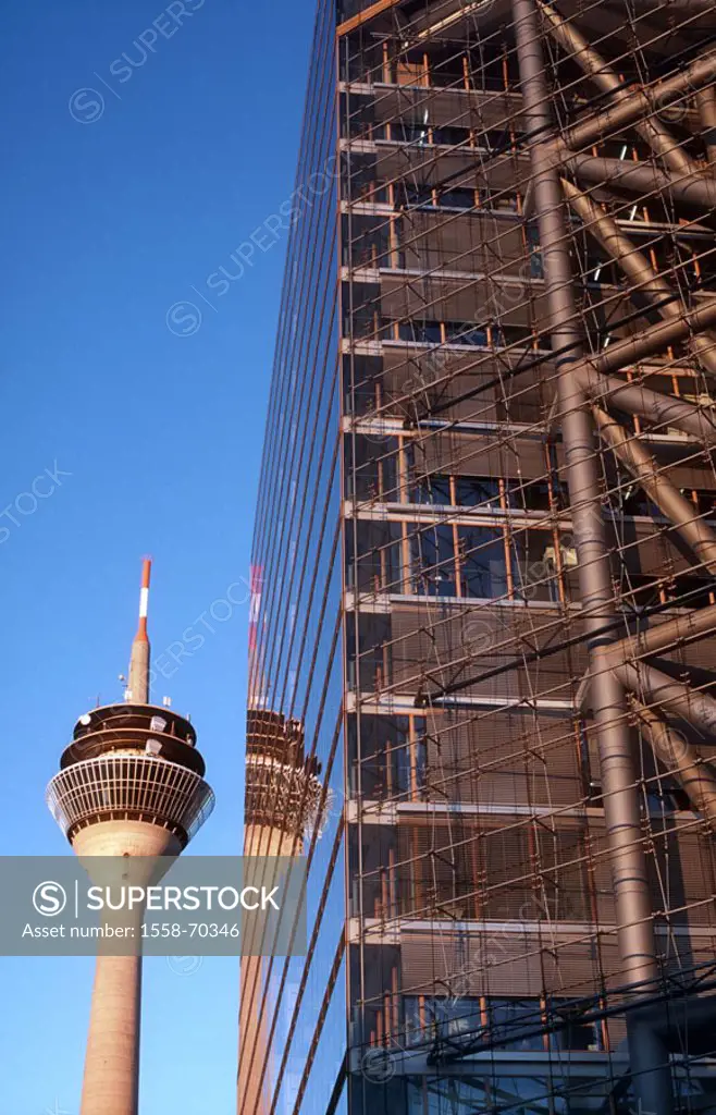 Germany, Düsseldorf, city port, Facade, television tower, detail  North Rhine-Westphalia, office buildings, buildings,  Steel glass construction, glas...