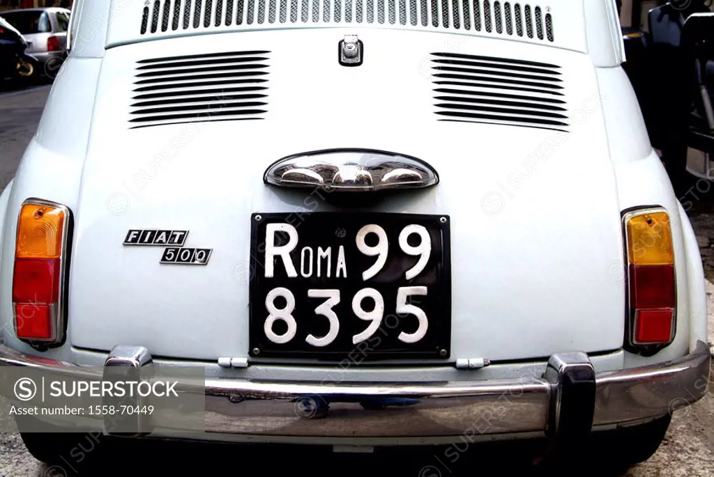 Fiat 500, stern opinion, detail  only editorially! Vehicle, car, white tail-lights make, Italian, of Fabbrica Italiana Automobili Torino, cult car, cl...