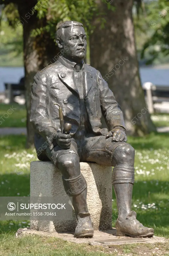 Germany, Bavaria, Rottach-Egern, Bronze statue ´Ludwig Thoma´  Copyrights of the sculptor heed! Upper Bavaria, Seepromenade, monument, statue, German ...
