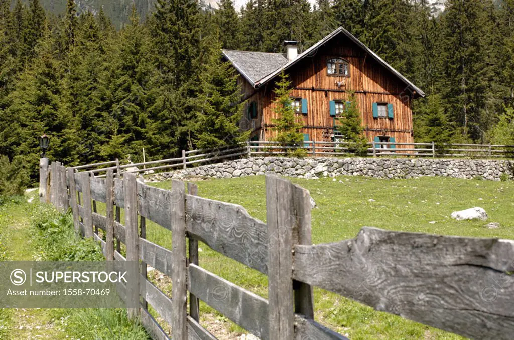 Austria, Tyrol, Leutasch, Gaistal,  Hunt house Hubertus, summer,  North Tyrol, mountains, forest edge, framehouse, Jagdhütte, House, formerly summer h...