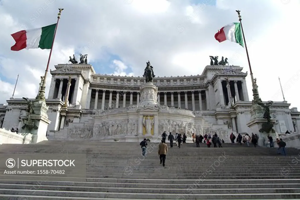 Italy, Rome, piazza Venezia, monument,  Vittorio Emanuele II, national flags,  Visitors Europe, region Latium, capital, sight, rider statue, statue, V...